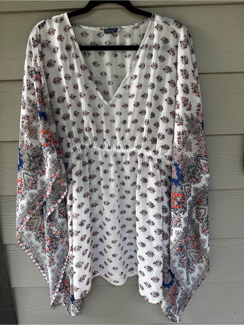 Earthbound kimono dress tunic Womens S White Paisley Boho Bell Sleeve
